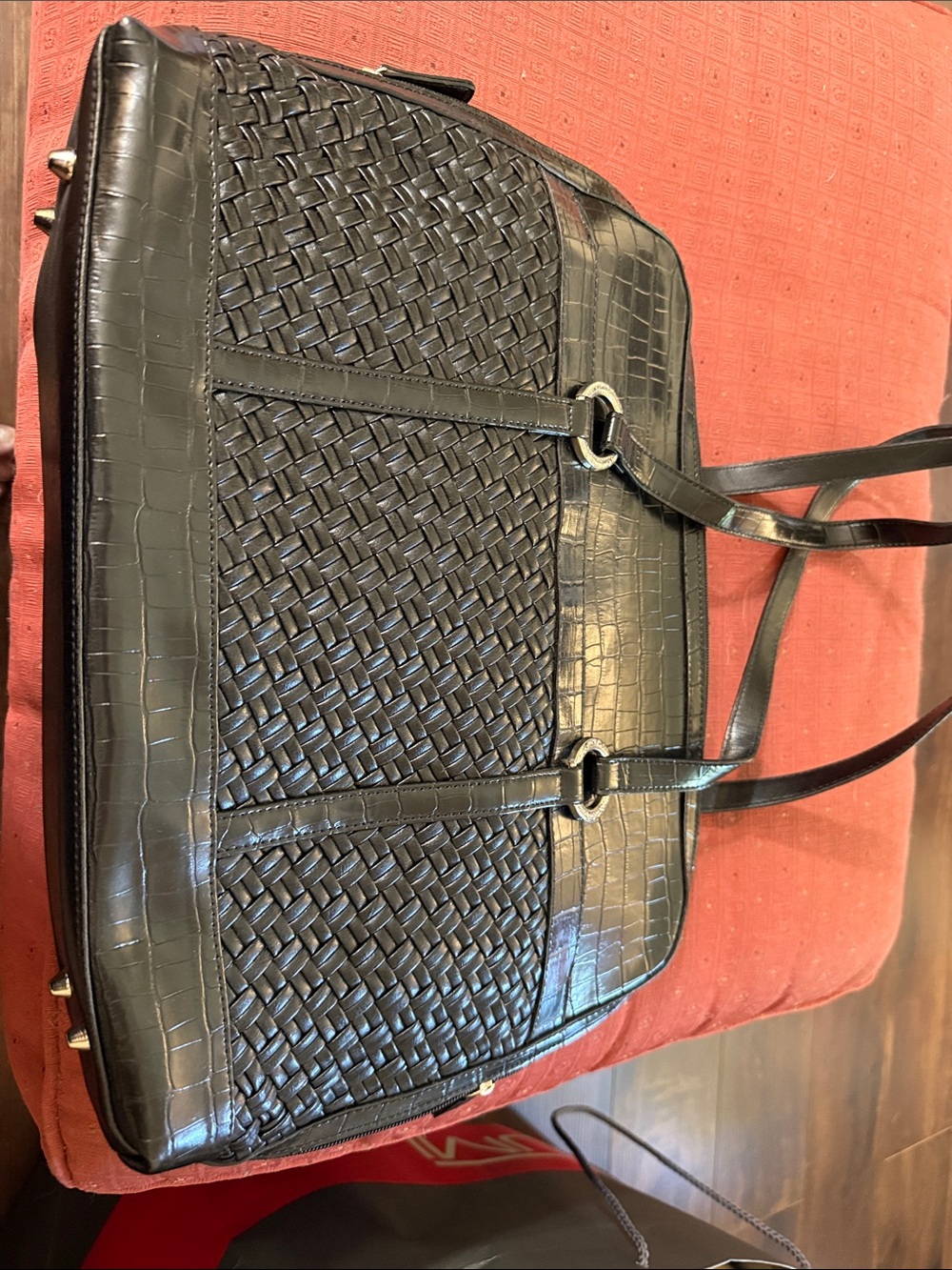 Coldwater Creek Black Woven Tote with Croc-Embossed Trim